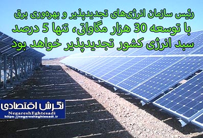 با توسعه ۳۰ هزار مگاواتی، تنها ۵ درصد سبد انرژی کشور تجدیدپذیر خواهد بود